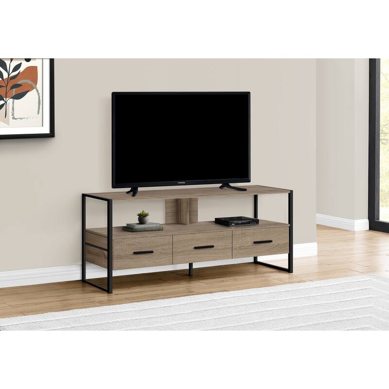 Modern 48" TV Stand, Industrial Design with 3 Storage Drawers & Open Shelves, Black Metal Frame