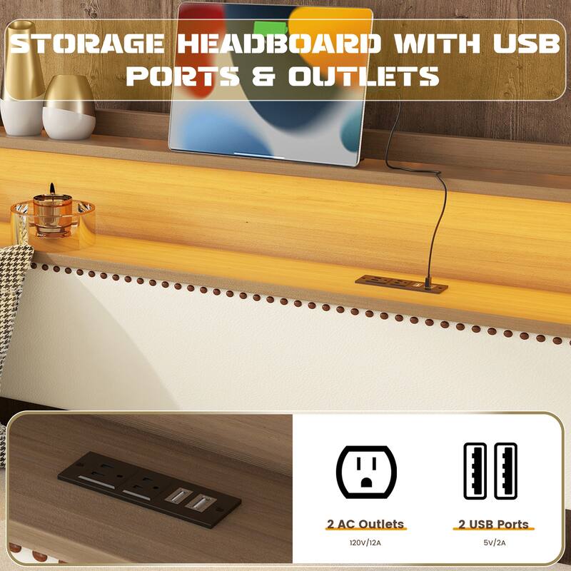 Twin Size Upholstered Daybed with Trundle and Storage Headboard, Twin Sofa Bed Frame with Charging Station and LED Lights