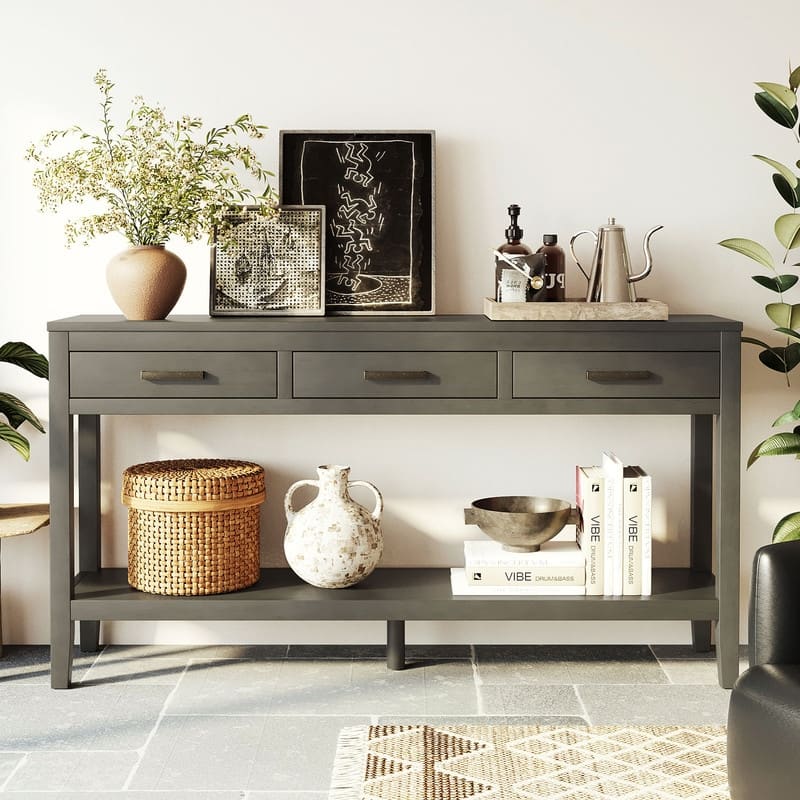 62.2" Modern Farmhouse Console Table with 3 Drawers & Open Shelf - Grey