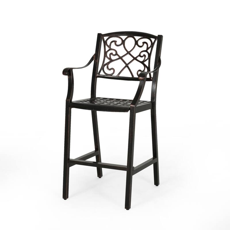 Roomfitters 2-Piece Outdoor Metal Bar Stools, Cast Aluminum Patio Dining Chairs with Ornate Scrollwork Backrest, Copper