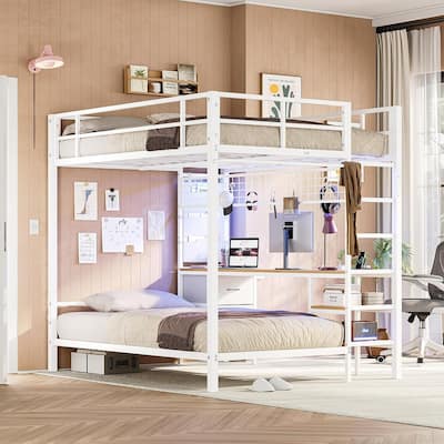 Loft Bed with Desk Gaming Bunk Bed LED Lights Charging Station