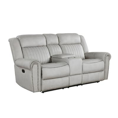 Ben Manual Reclining Loveseat, 76 Inch, Gray Microfiber, Nailhead Trim