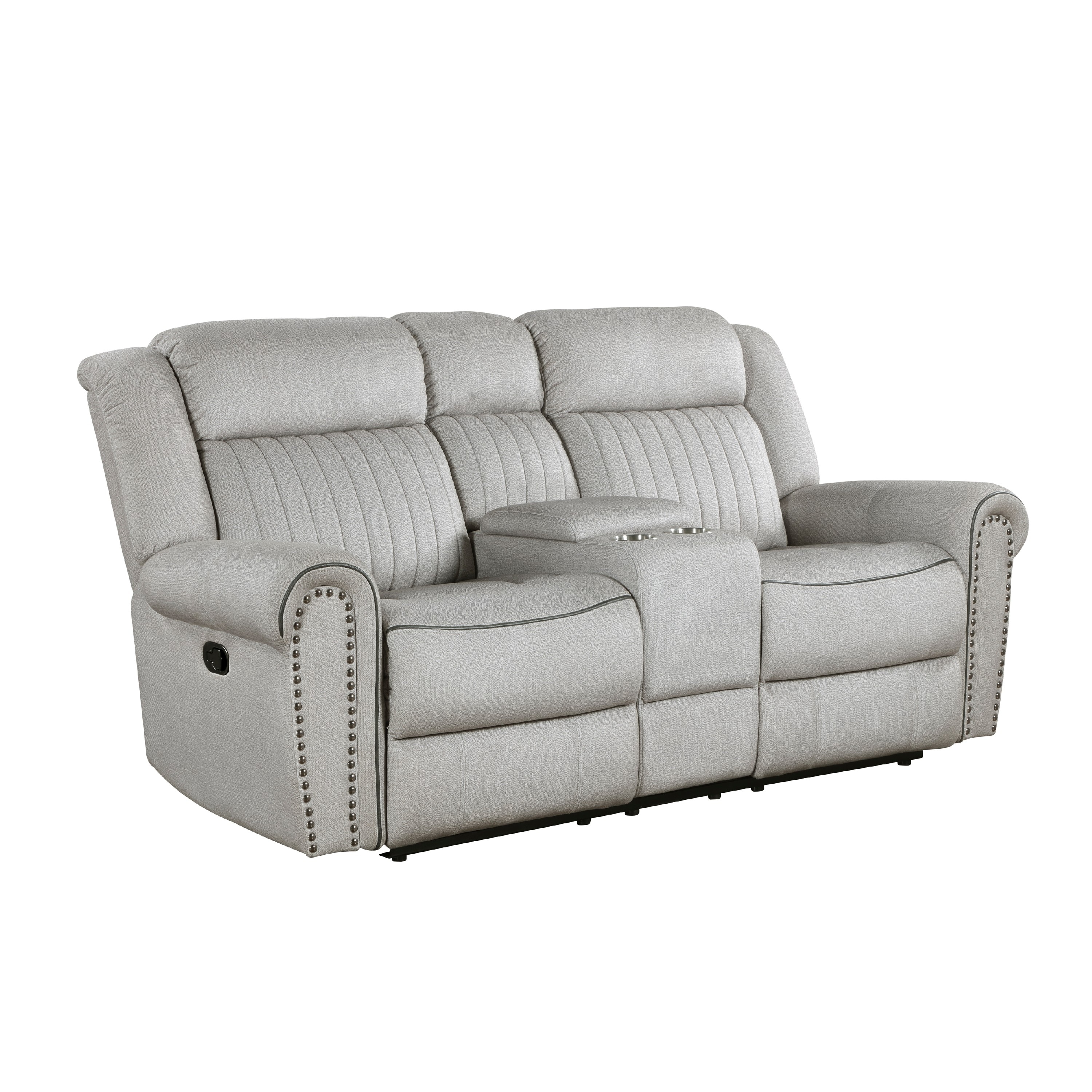 Benjara Ben Manual Reclining Loveseat, 76 Inch, Gray Microfiber, Nailhead Trim