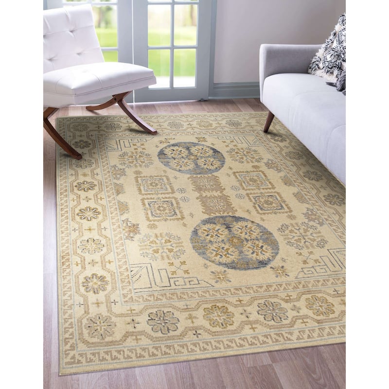 Home Decor EORC Hand-Knotted Wool Khotan Weave Rug, Beige Elegant & Luxurious Area Rug for Enhancing Your Living Room, Bedroom