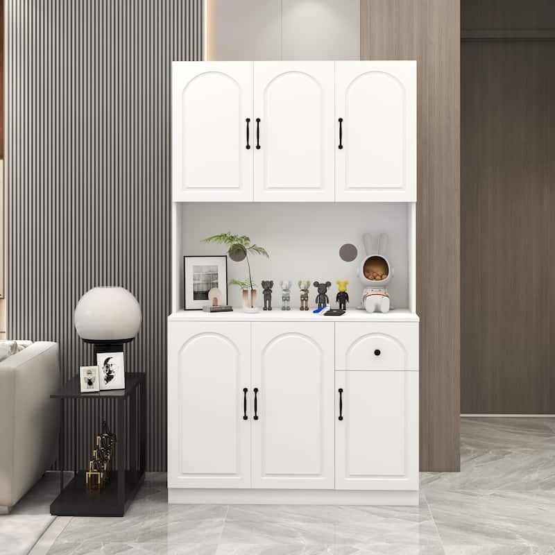 71" Freestanding Kitchen Pantry with Microwave Oven Countertop and Adjustable Shelves