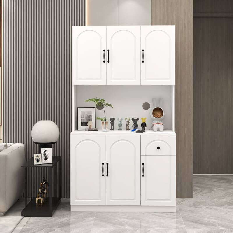 71" Kitchen Pantry Storage Cabinet with Microwave Oven Countertop, Freestanding Hutch Cabinet with Adjustable Shelves