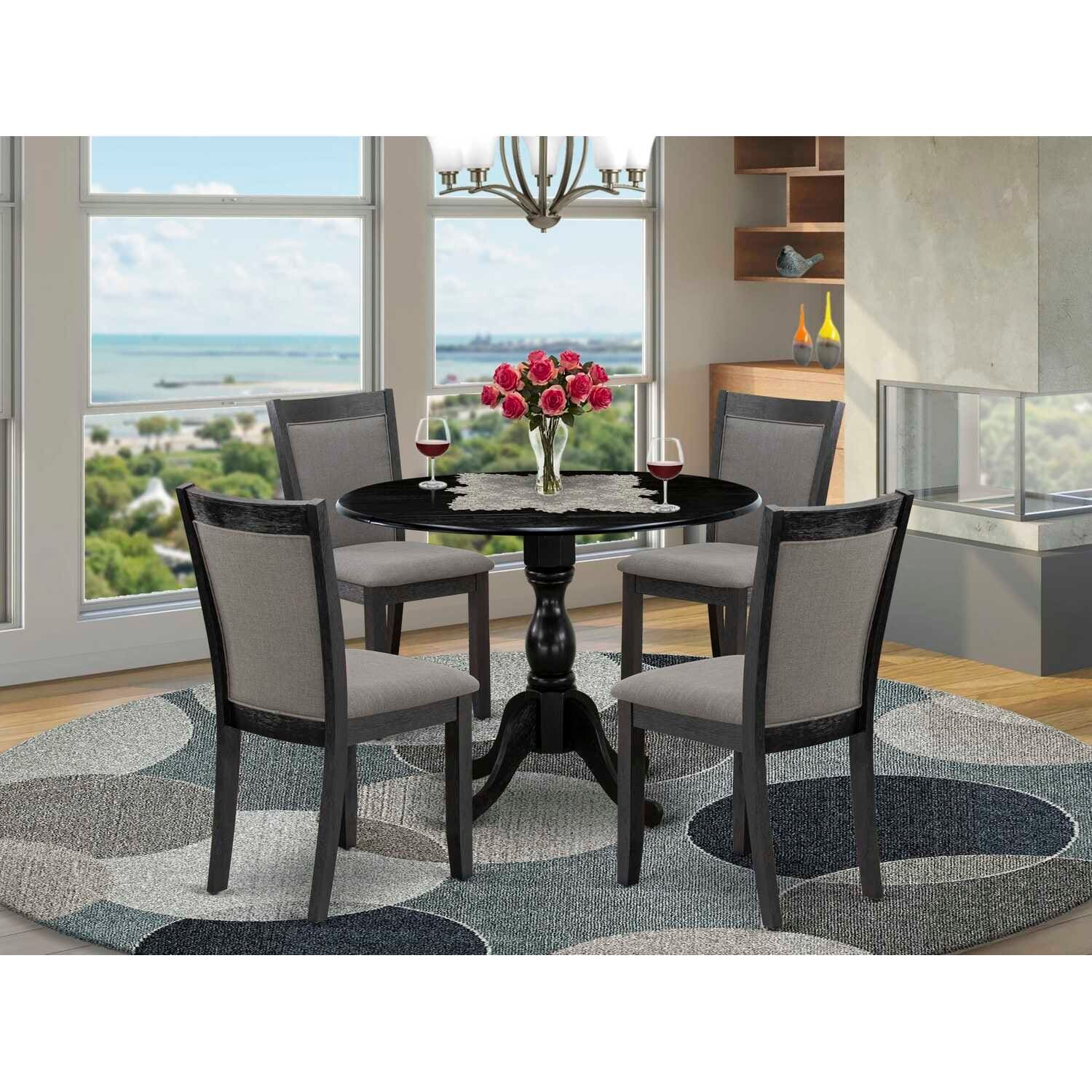 HomeStock 5-Piece Natural Oak Finish Solid Wood Top Dining Table with 4 Upholstered Chairs with Drop Leaf Lattice Back