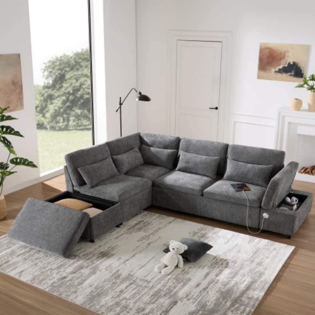 107" L-shaped Chenille Sofa with Adjustable Armrest and Ottoman