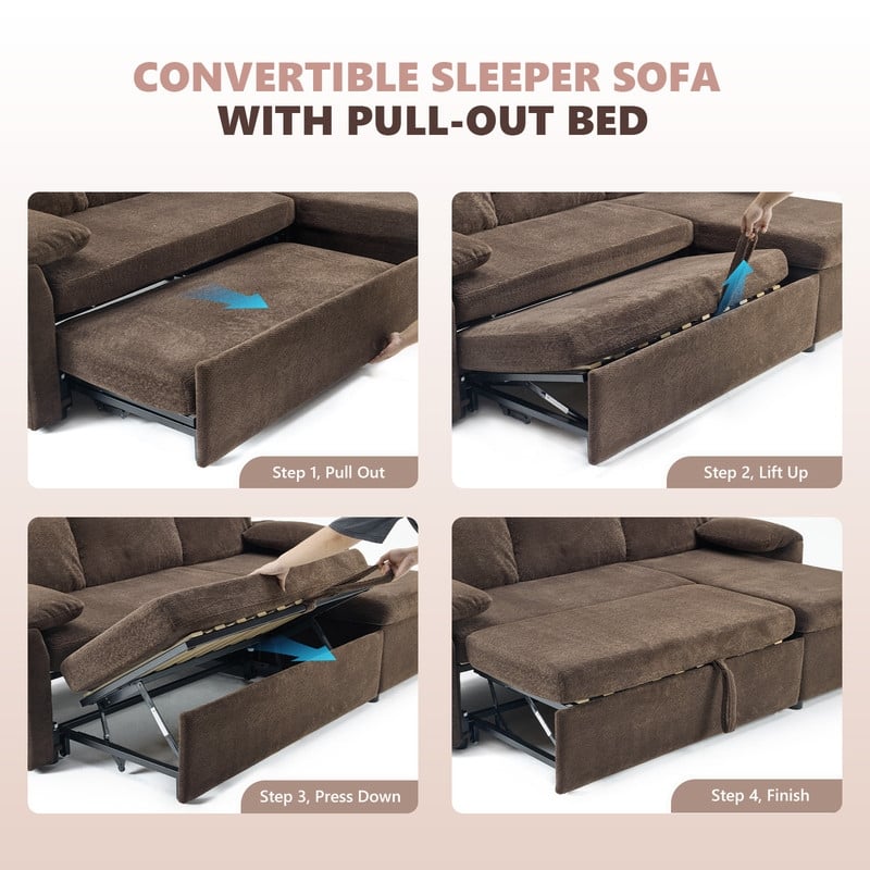 Modern L-Shaped Upholstered Velvet Sleeper Sectional Sofa bed with Chaise and Queen Pull Out Bed