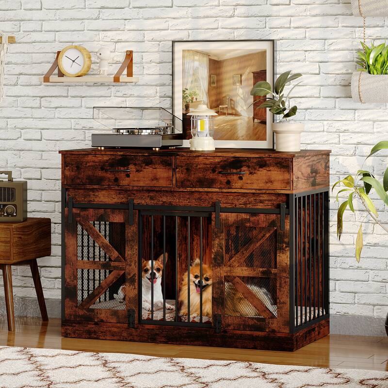 Double Dog Crate Furniture w/Drawers for Small Dogs, Rustic Farmhouse Dog Kennel End Table, Sliding Barn Doors - 47.2"W