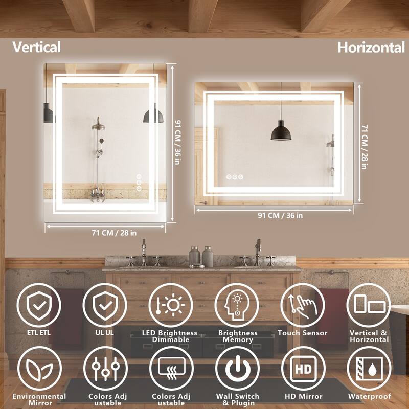 LED Bathroom Vanity Mirror 3 Colors Dimmable with Front and Backlit for Bedroom,Hotel - 36x28"