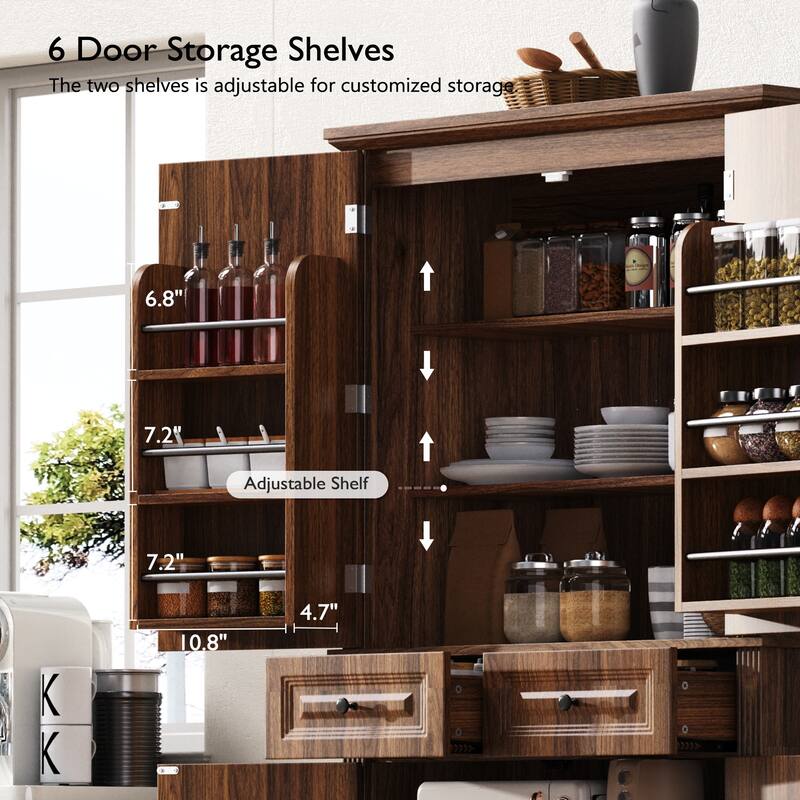 Roomfitters 71" Tall Kitchen Pantry Cabinet with 3 Pull-Out Organizers & 6 Door Shelves