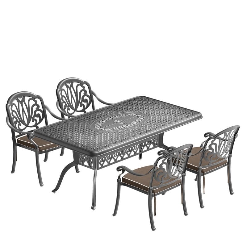 5-Piece Cast Aluminum Outdoor Dining Set with Brown Seat Cushions