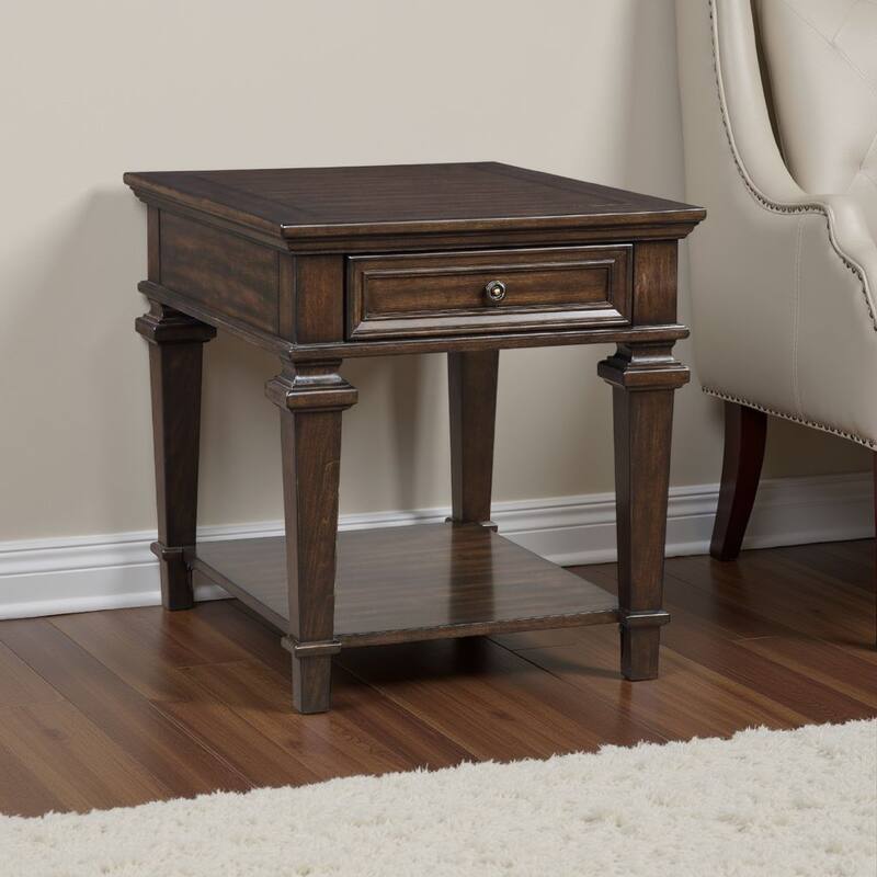 Tabby Side End Table with Drawer and Shelf, Brown Birch Wood 28 Inch