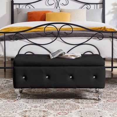 Black PU Leather Storage Ottoman Bench: Modern Tufted Design