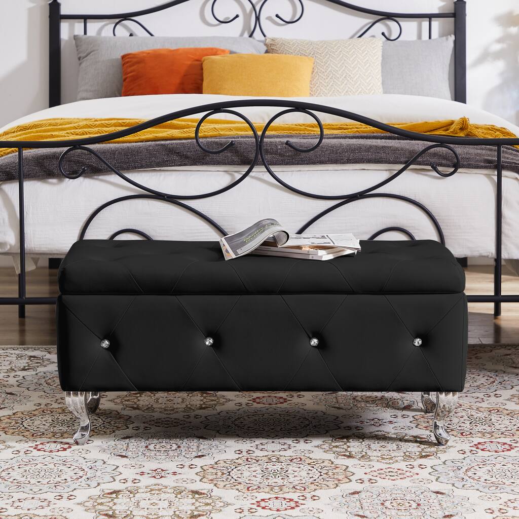 Black PU Leather Storage Ottoman Bench: Modern Tufted Design