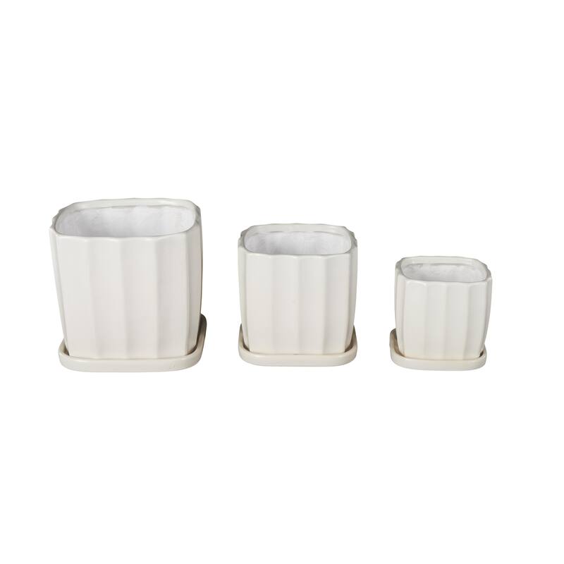 Black or White Ceramic Ribbed Indoor Outdoor Planter with Attached Saucer (Set of 3)