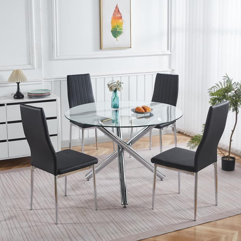 1+4,5pieces dining set, Table metal leg Mid-century Dining Table for 4-6 people With Glass Table Top, Pedestal Dining Table - Black and Silver,Chrome
