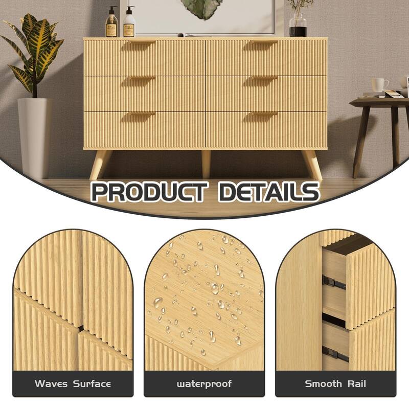 Gymojoy Fluted 6 Drawer Dresser with Gold Metal Handles, Modern Chest of Drawers for Living Room, Bedroom, Apartment