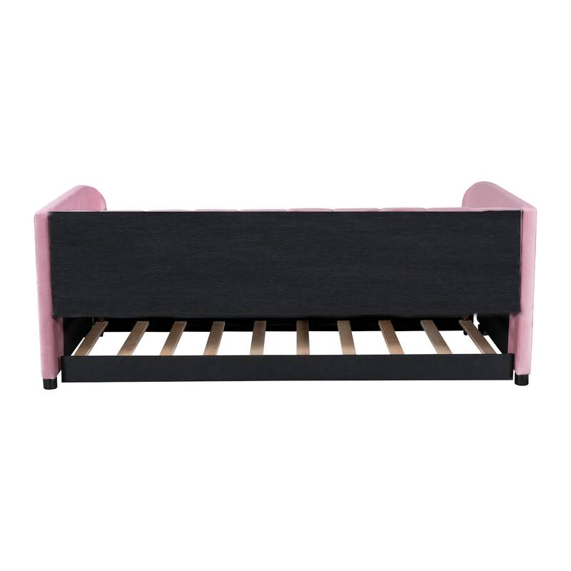 Twin Upholstered Daybed with Ergonomic Backrest, Pull-Out Trundle, and Classic Stripe Headboard, Ideal for Sleepovers