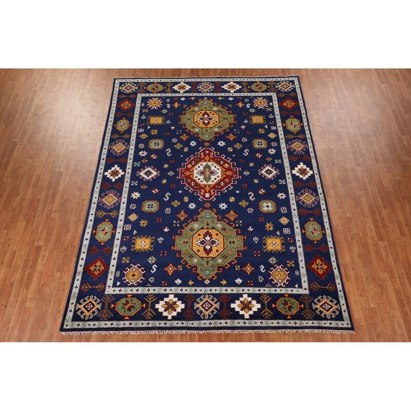 Navy Blue Geometric Kazak Oriental Area Rug Handmade Wool Carpet - 8'8" x 11'11"