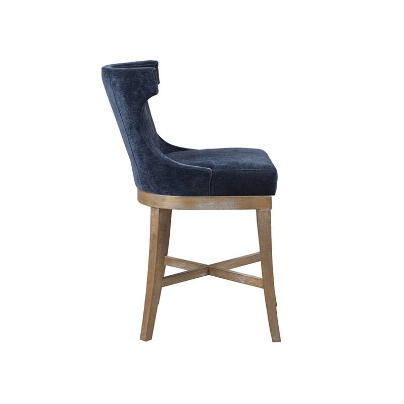 Roomfitters 360-Swivel Counter Stool, Upholstered Wingback Bar Chair with Piping and Bronze Kickplate, Navy Blue - Navy