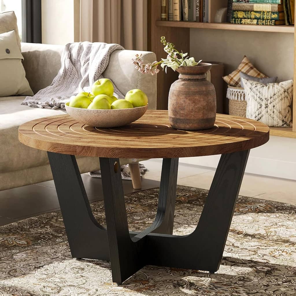 31.5" Round Solid Wood Coffee Table with Ring Groove, Living Room, Small Space, Brown & Black