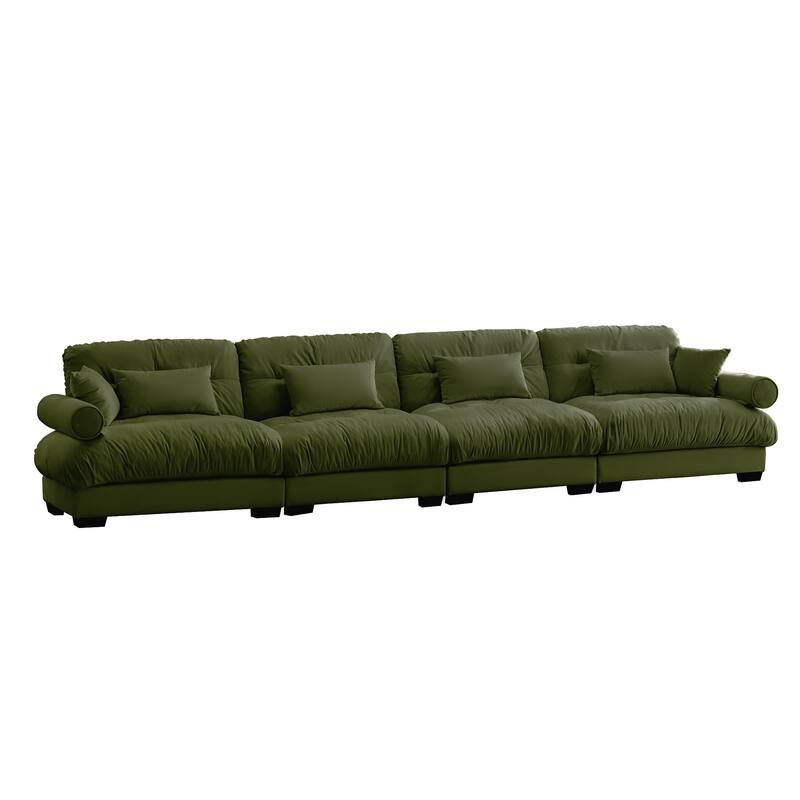 166" Velvet 4-Seater Sofa, Bolster Arms and High-Resilience Cushions