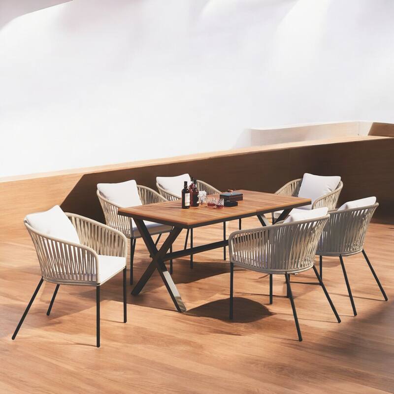 7-Piece Outdoor Patio Dining Set with Rope Weave Chairs, Cushions & Adjustable Feet - Ideal for Patio, Garden & Balcony
