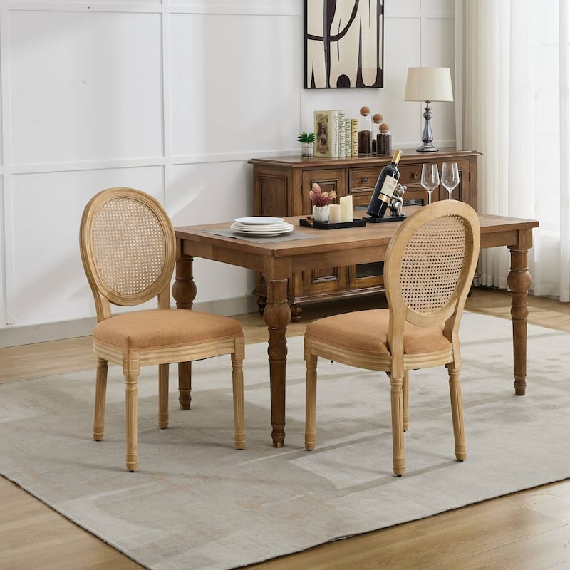 French Style Solid Wood Frame Antique Painting Linen Fabric Rattan Back Dining Chair,Set of 2