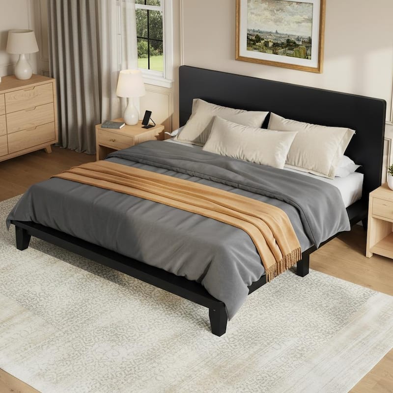 Minimalist Wood Platform Bed Frame with Headboard by Harper&Bright Designs - Black - Queen