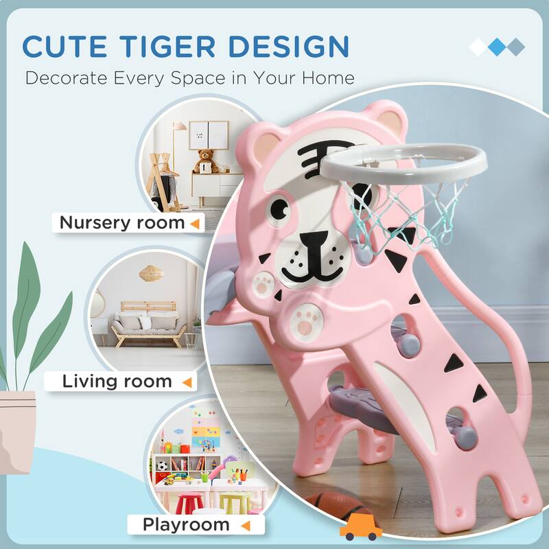 Kids Cartoon Pattern PE Indoor Slide with Basketball Hoop and Climber for Ages 18-36 Months - 52.25" L x 23.5" W x 27.5" H