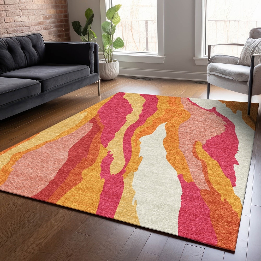 Machine Washable Indoor/ Outdoor Abstract Contemporary Chantille Rug