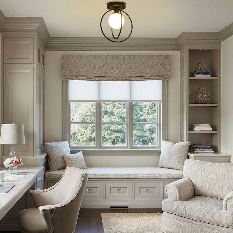 1-Light Semi-Flushmount Iron Metal Lamp with Frosted Glass Shade