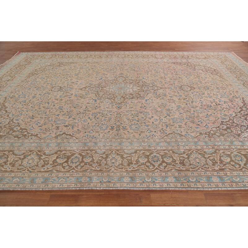 Hand Knotted Oriental 100% Wool Carpet Traditional Floral Peach Mashad Area Rug - 12' 6'' X 9' 7''