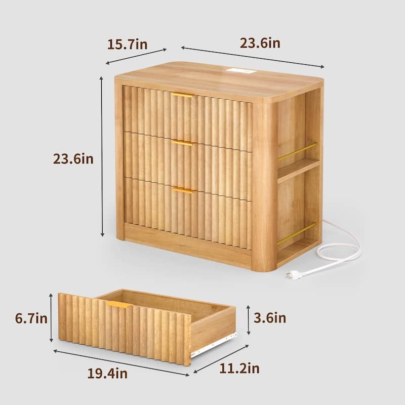 Fluted Nightstand Charging Station 3 Drawers Side Storage Shelves
