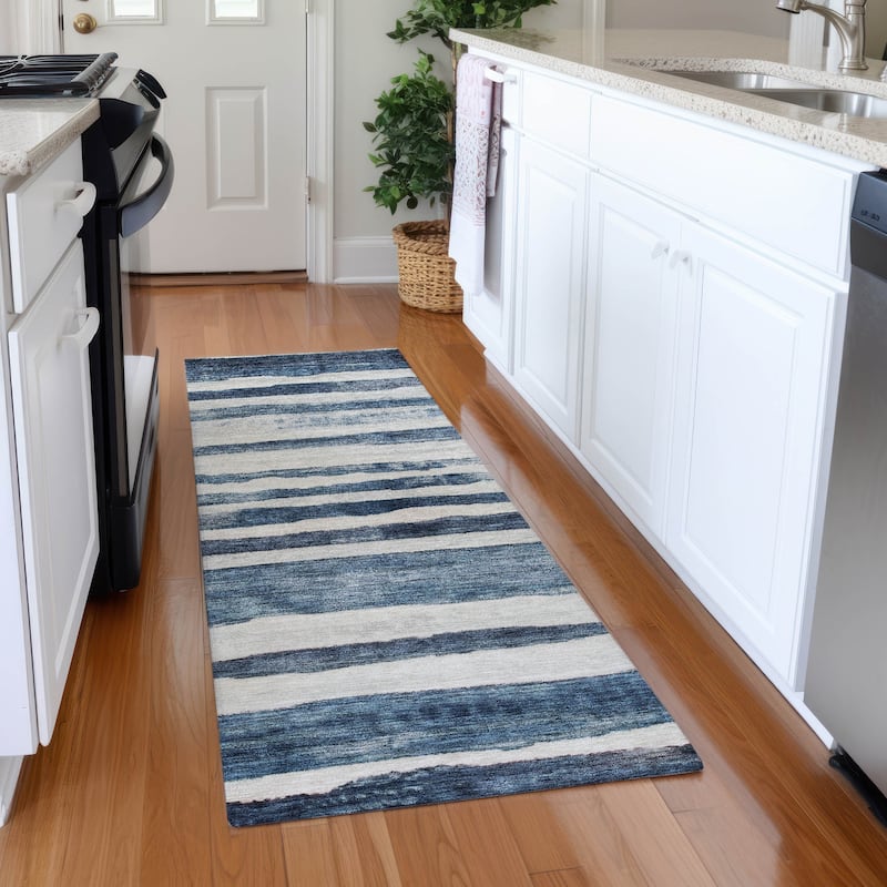 Machine Washable Indoor/ Outdoor Moroccan Stripe Chantille Rug - Denim - 2'3" x 7'6"
