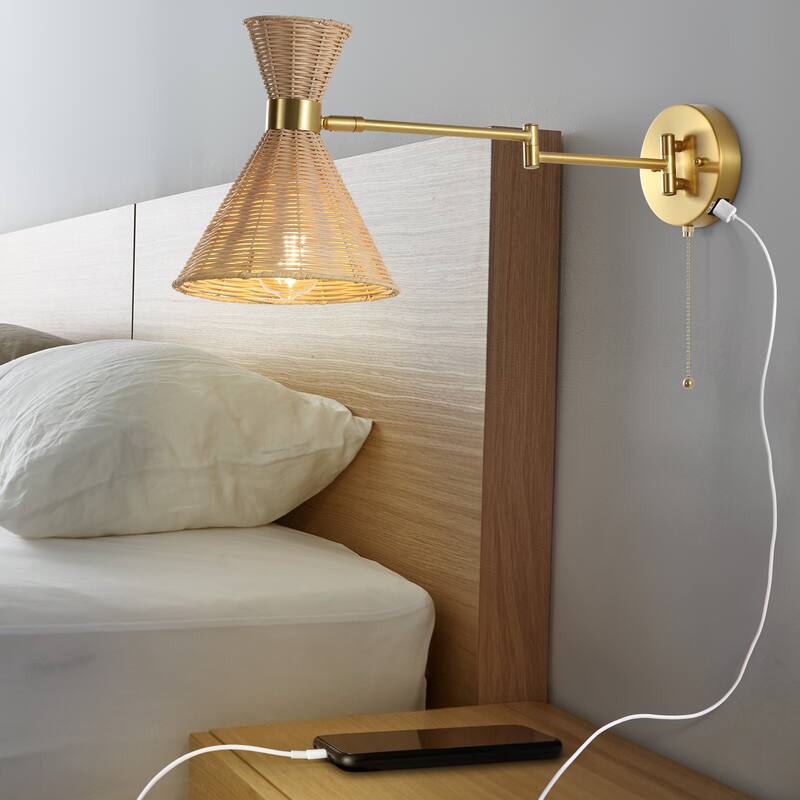 Lyla 25" 1-Light Mid-Century Vintage Retro Rattan/Metal USB Charging Swing Arm LED Sconce with Pull Chain, by JONATHAN Y