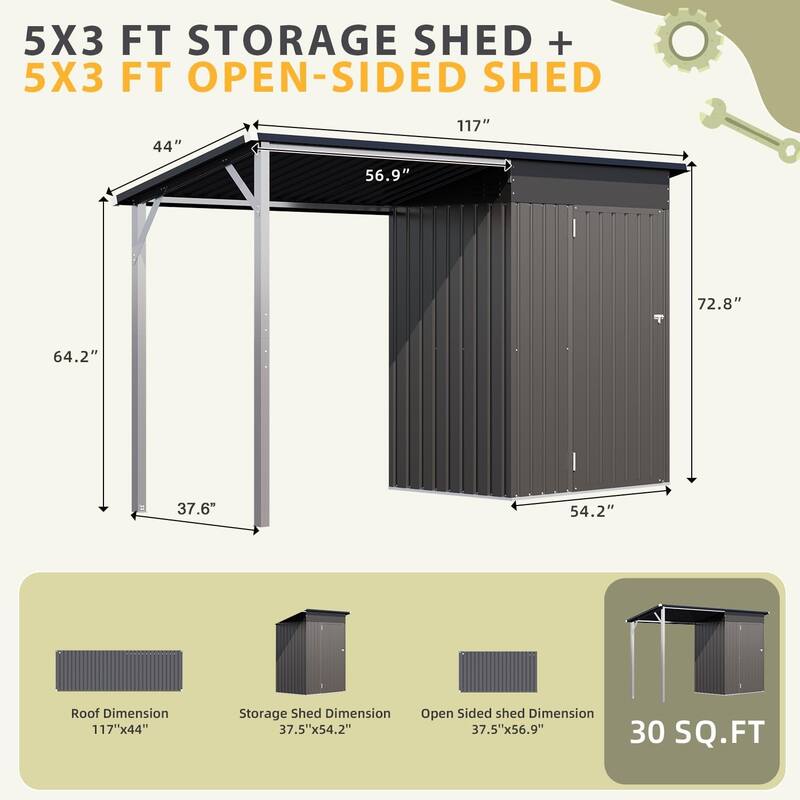 AECOJOY Outdoor Open-Sided Storage Shed Tool Shed Attached Hardtop Metal Pergola Gazebo