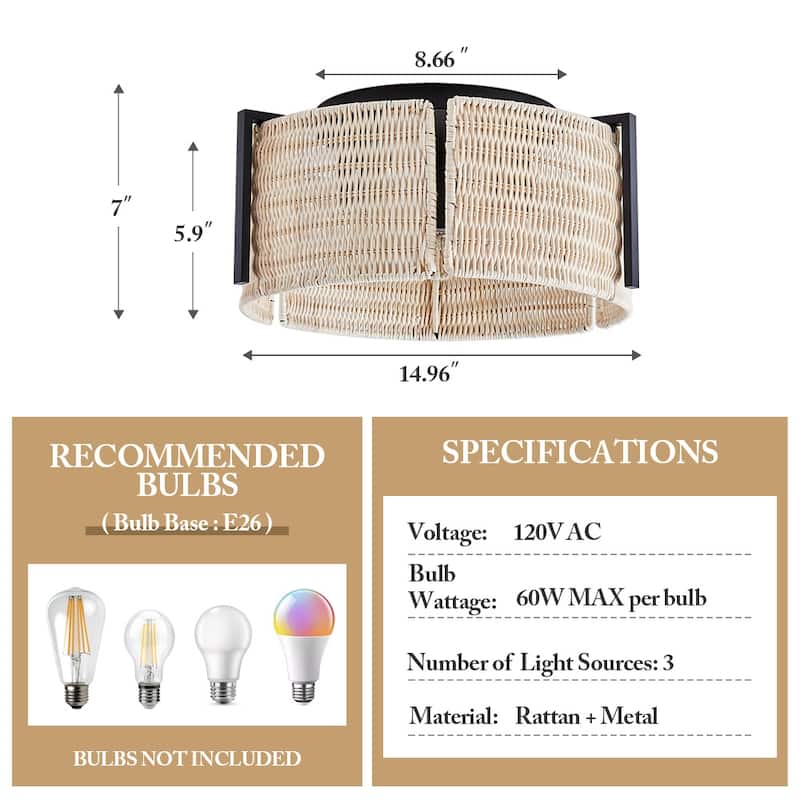 MLiAN 3-Light Natural Rattan Flush Mount Light... - 15"