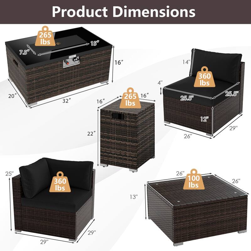 Gymax 7 PCS Patio Furniture Set 40000 BTU Gas Fire Pit Table Propane