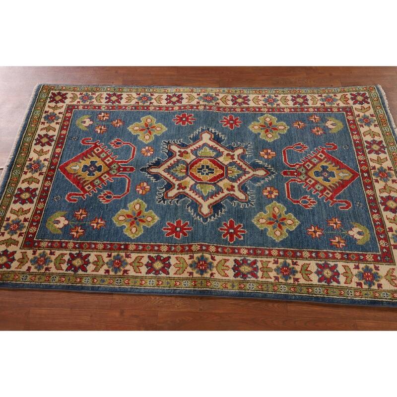 Traditional Blue Kazak Oriental Accent Rug Hand-Knotted Wool Carpet - 3'3"x 5'0"
