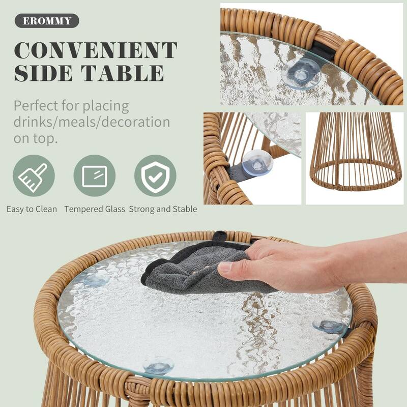 Sectional Wicker Conversation Sofa Set, 3 Piece Patio Furniture Set with Thick Cushions and Toughened Glass Coffee Table