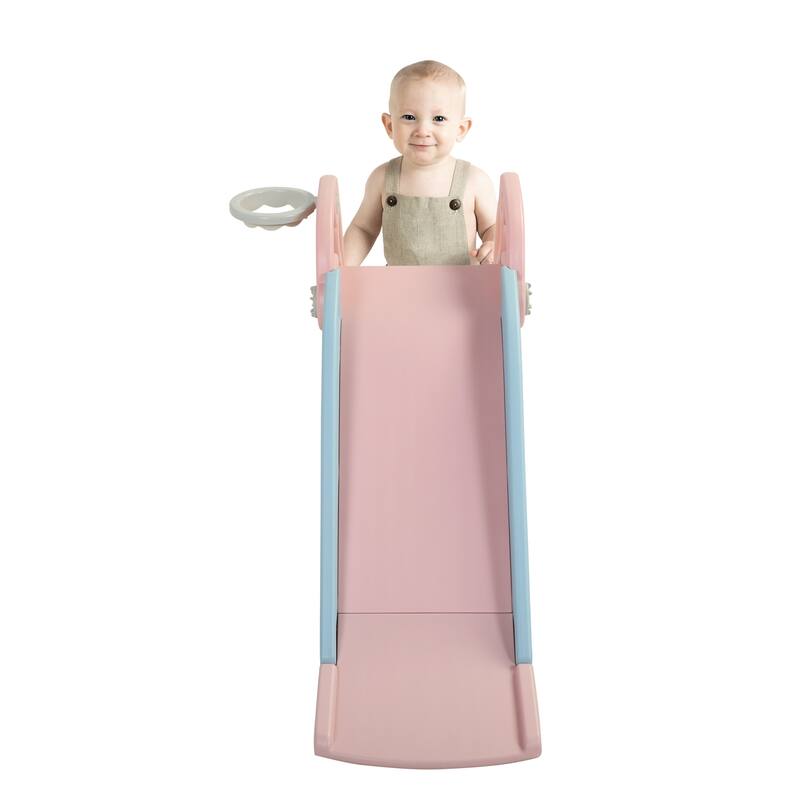 2 in 1 Slide, Toddler Freestanding Extra Long Slide with Basketball Hoop & Ball, Indoor Outdoor, Pink