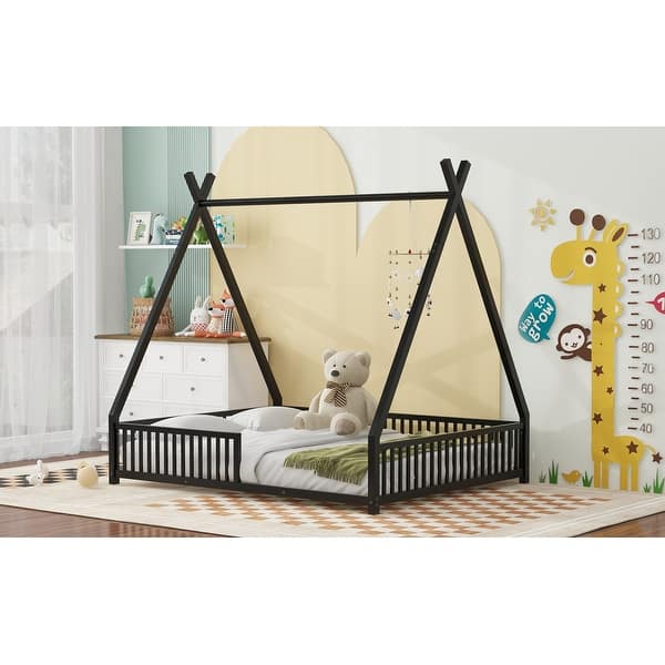 dimension image slide 1 of 4, Metal Full Size House Platform Bed with Triangle Structure, Contemporary Style Kids Bed Frame with Guardrail for Bedroom, Black