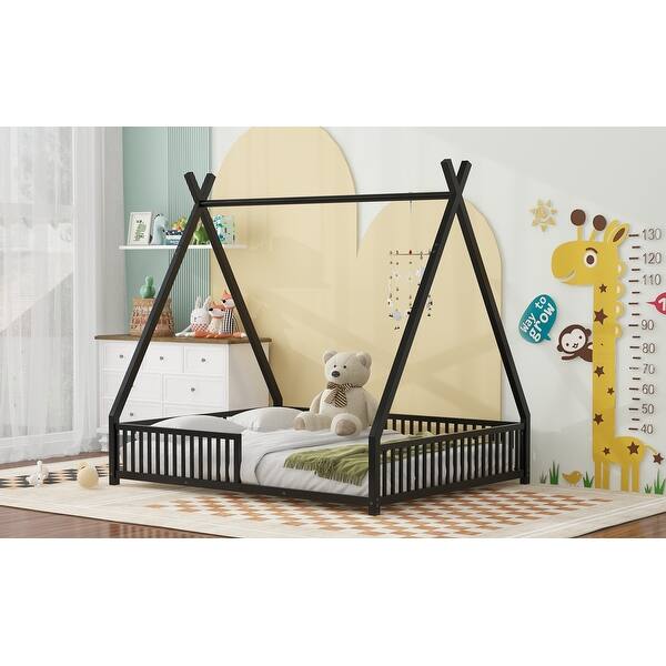 dimension image slide 2 of 5, Metal Full Size House Platform Bed with Triangle Structure, Contemporary Style Kids Bed Frame with Guardrail for Bedroom, White