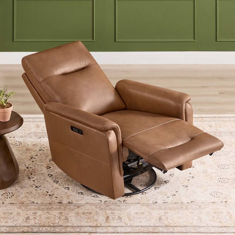 Spruce & Spring Genuine Leather Swivel Glider Recliner with Adjustable Headrest