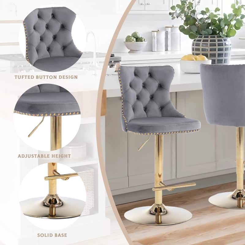 Velvet Upholstered Nailheads Tufted Swivel Bar Stools (Set of 6)