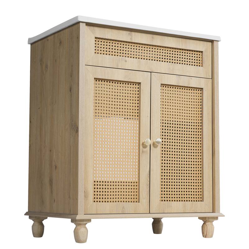 30" Bathroom Vanity with Handwoven Rattan Doors, Solid Wood Legs & Resin Basin