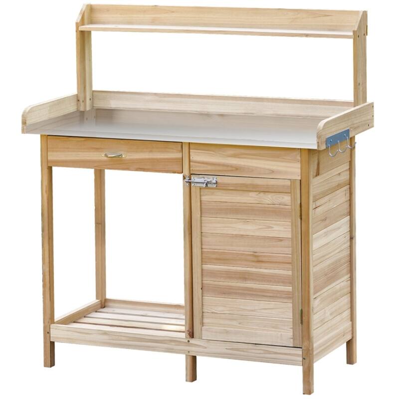 Outdoor Garden Bench with Galvanized Steel Top, Shelves & Hooks - 44" L x 19" W x 49.25" H